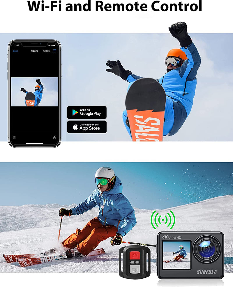 Action Cam 4K Wifi 60FPS Fotocamera Subacquea Impermeabile Da 40M Con Microfono Wireless E Fotocamera per Casco a Doppio Schermo per Lo Snorkeling, La Guida in Bicicletta E Vlog
