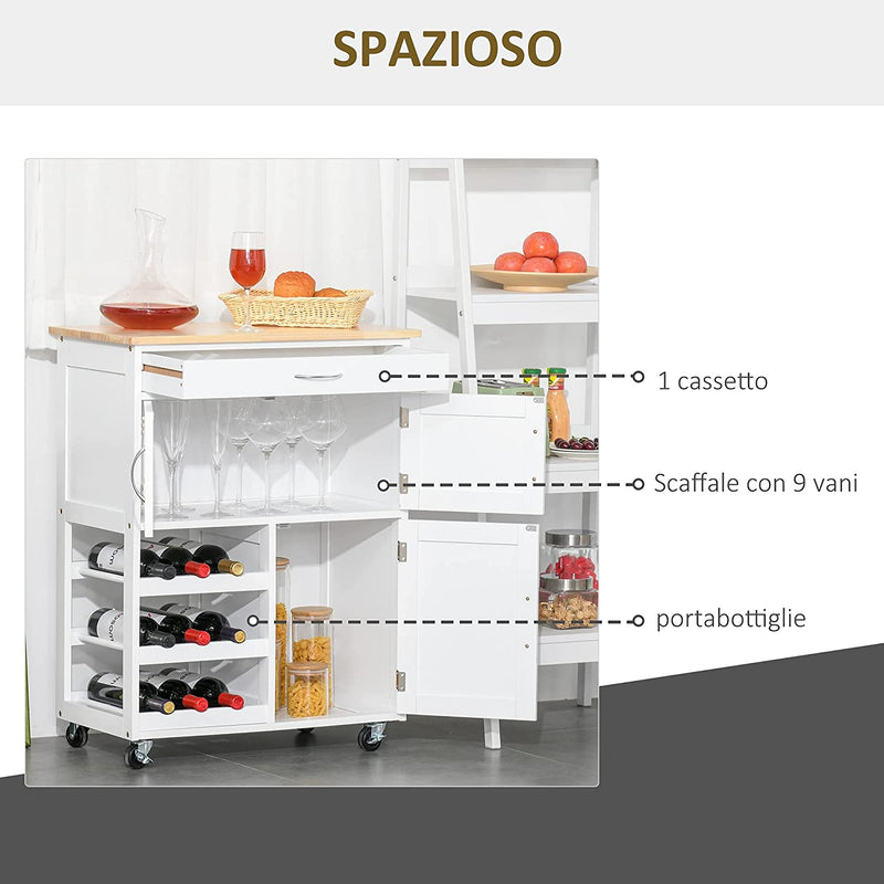 Carrello Portavivande, Carrellino per Cucina in Legno Bianco Con Portabottiglie 1 Cassetto E 3 Antine, 67X37X87Cm