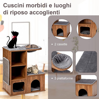 Tiragraffi per Gatti in Legno, Tiragraffi per Gatti Con Amaca, Cuccia, Piattaforme, Ripiani, Tiragraffi E Cuscini Morbidi, Con Portata Di 20 Kg, 69 X 39 X 81Cm, Marrone