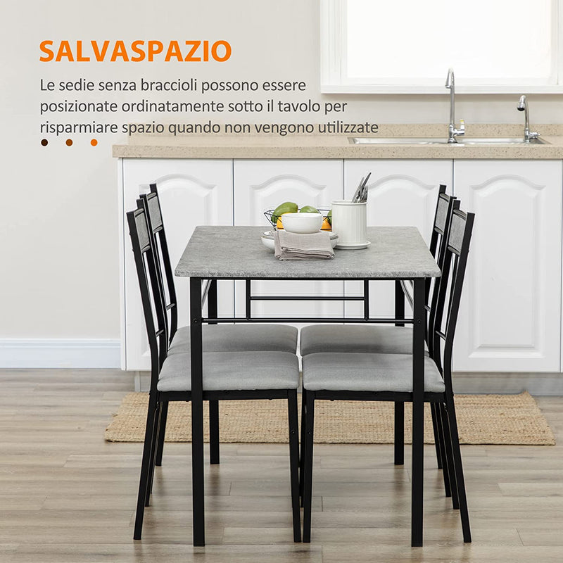 Set Tavolo E Sedie 5Pz, Tavolo Da Pranzo Rettangolare in Metallo E MDF E 4 Sedie Da Pranzo Con Seduta Imbottita in Gommapiuma E Poliestere