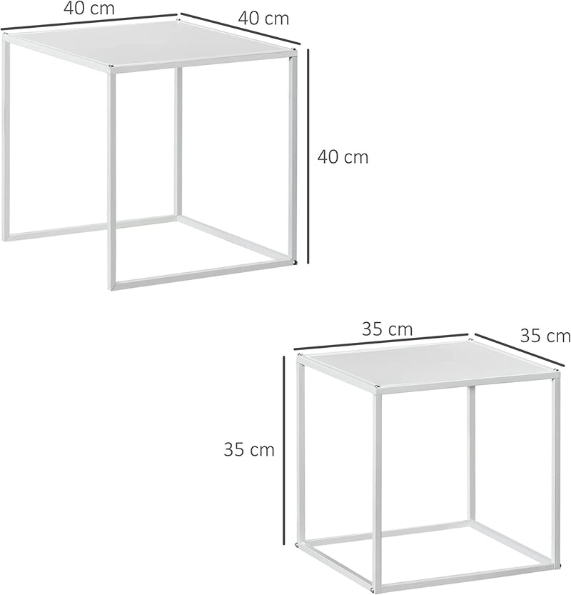 Set 2 Tavolini Da Caffè Impilabili Quadrati, Tavolini Da Salotto E Soggiorno in Acciaio, Bianco