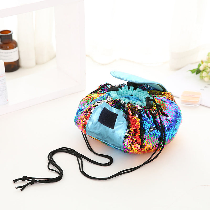 Mermaid Sequins Design Cosmetic Bag Drawstring Makeup Case Women Travel Make up Organizer Storage Pouch Toiletry Wash Kit