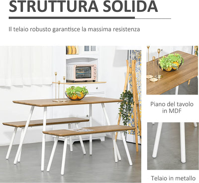 Set Tavolo Da Pranzo Con 2 Panche in Stile Nordico per Soggiorno, Salotto E Cucina, in MDF E Metallo, Bianco