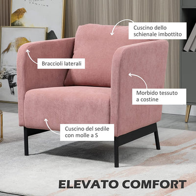 Poltroncina in Velluto a Coste Con Gambe in Acciaio E Cuscino Posteriore, 73X74X82Cm, Rosa