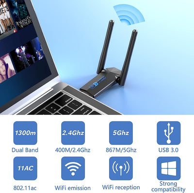 USB Wifi Dongle, 5Dbi Dual Band 5Ghz USB Wifi Computer,1300Mbps USB WI-FI Adapter,Support Windows 11/10/8/7/Vista/Xp, Mac OS