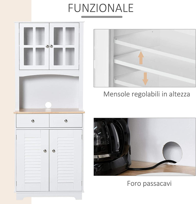 Credenza Alta per Cucina, Mobile Buffet in Legno Bianco, Armadio Dispensa in Stile Classico, Bianco, 68X39.5X170Cm