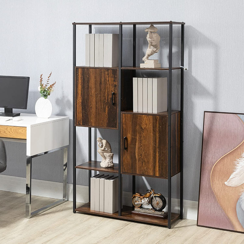 Libreria Moderna Stile Industriale Con 4 Ripiani E 2 Armadietti, Scaffale in Metallo E Legno per Casa E Ufficio, 90X30X159.5Cm, Nero E Marrone