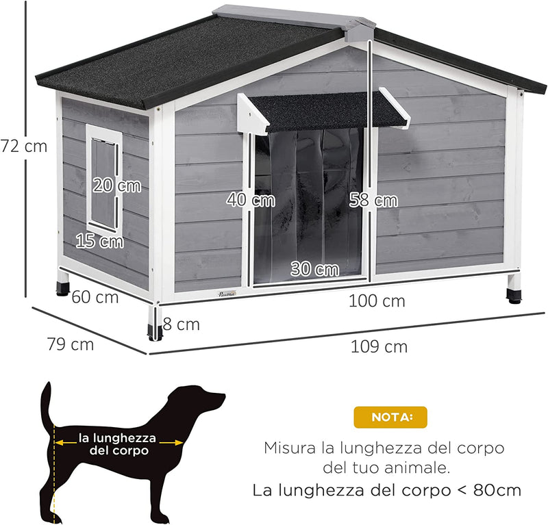 Casetta per Cani Taglia Piccola E Media in Legno Di Abete, Design Rialzato Con Tenda Protettiva, 2 Finestre E Fondo Rimovibile, 109X79X72 Cm