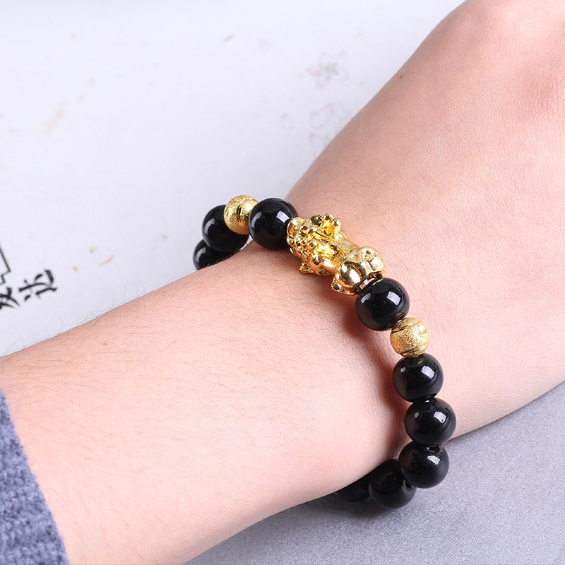 Obsidian 18K Gold Bracelet Six Brave Words on Hand and Little Pearl Transport Gifts Wholesale