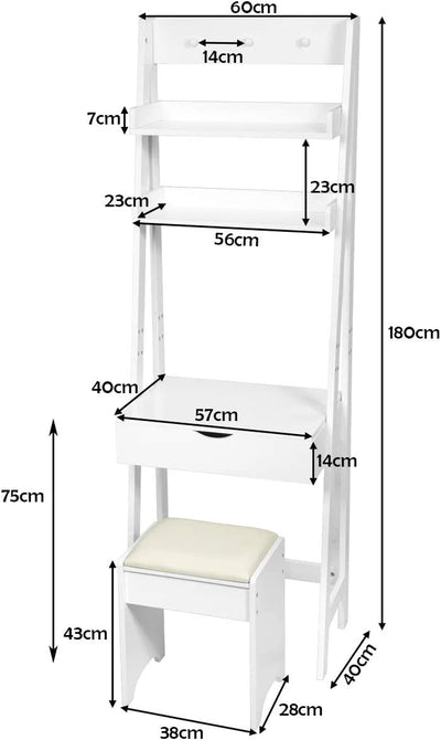 Toeletta per Camera Da Letto, Mobile Da Trucco, Tavolo Da Toeletta Con Specchio, 60X40X180Cm, Bianco