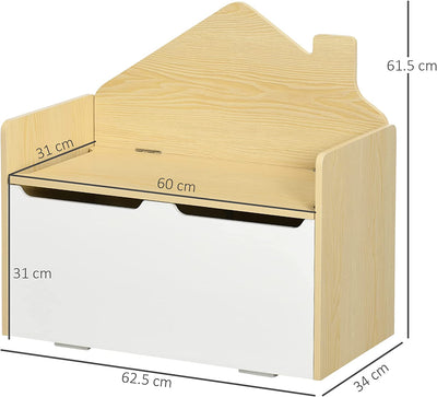 Panca Contenitore Portagiochi per Bambini in Legno E Schienale a Casetta, 62.5X34X61.5Cm, Bianco