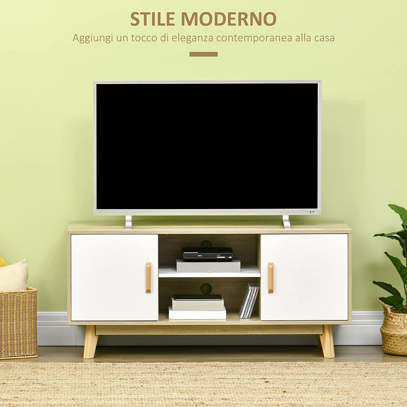 Mobile TV Moderno Con Armadietti E Vani Aperti, Mobiletto Basso in Legno per TV Fino 55", 120X40X55Cm, Legno Naturale E Bianco