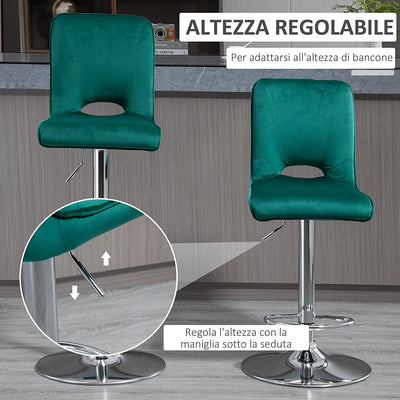 Set 2 Sgabelli Da Bar Moderni E Girevoli Con Schienale Alto E Poggiapiedi, Sgabelli Da Cucina Imbottiti Con Altezza Regolabile in Tessuto Verde, 41X51X97-117Cm