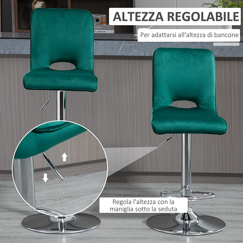 Set 2 Sgabelli Da Bar Moderni E Girevoli Con Schienale Alto E Poggiapiedi, Sgabelli Da Cucina Imbottiti Con Altezza Regolabile in Tessuto Verde, 41X51X97-117Cm