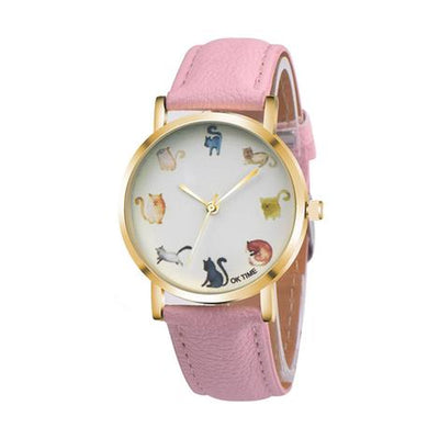 Cats Cute Watch Women PU Leather round Dial Students Fashion Wristwatch Sleeping Cat Fox Animal