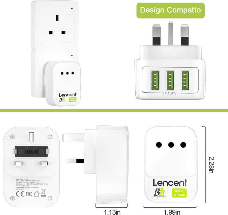 Adattatore Presa Da Viaggio UK, Caricatore Presa Regno Unito, Caricabatterie Spina Inglese Con 3 Porte USB & 1 Spina CA, Presa Viaggio per Gran Bretagna, Irlanda, Singapore, Malesia (Tipo G)