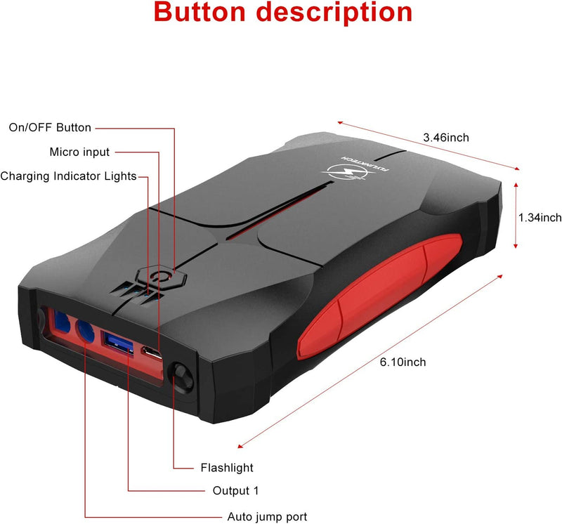 Avviatore Emergenza per Auto- 1000A 13200Mah Avviatore Portatile per Motore Benzina, Impermeabile IP67, Fino a 6,0L Ges O 5,0L Diesel, 12V Jump Starter, Torcia a LED, Porta USB Da per Smartphone