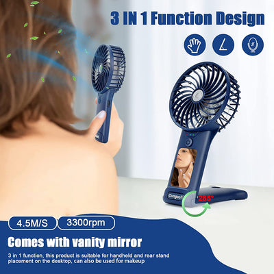 Mini Ventilatore Portatile Con Specchio, 3 in 1 Ventilatore USB Ricaricabile Con 4 Velocità, 6-20 Ore Di Utilizzo, Brezza Forte Ventilatore Da Tavolo Silenzioso per Viaggio/Trucco/Campeggio (Blu)…