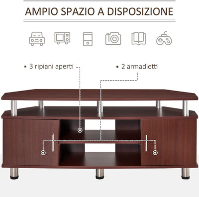 Mobile Porta TV Fino a 55" 2 Vani Con Ante 2 Ripiani Con Altezza Regolabile Legno Truciolato, Acciaio Inox Marrone 120×39.5×52Cm