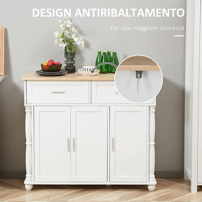 Isola per Cucina in MDF E Legno Di Pino Con 2 Cassetti, 2 Armadietti E Ripiani Interni Regolabili in 3 Posizioni, 106X39.5X89.5 Cm, Bianco