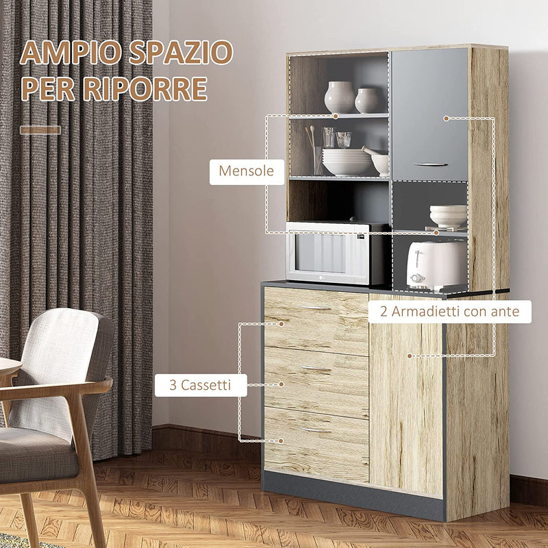 Mobile Cucina Credenza Moderna Salvaspazio Con 2 Armadietti 3 Cassetti 3 Ripiani Legno 90 X 39 X 169Cm Bicolore Grigio Rovere Chiaro