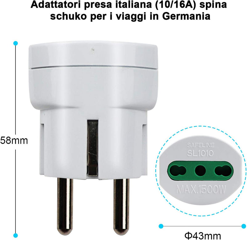 Confezione Da 4 Adattatori Presa Italiana (10/16A) Spina Schuko per I Viaggi in Germania, Spagna, Portogallo, Austria, Grecia, Turchia