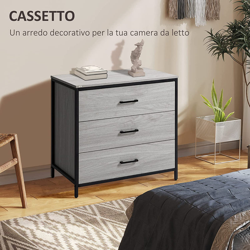 Cassettiera Con 3 Cassetti in Legno E Acciaio, Mobile Multiuso per Camera E Soggiorno, 80X48X78Cm, Grigio Chiaro