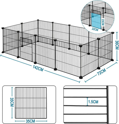 Recinto per Conigli Criceti Cucciolo Porcellino D'India Cavie Gatto Gabbie per Piccoli Animali Con Porta Metallica DIY 12 Pannelli (35X35Cm/Pannello) Nero