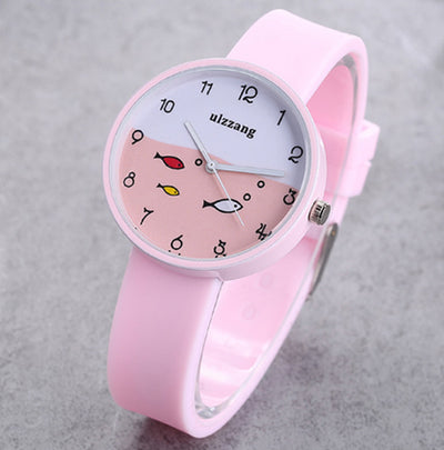 Children Watch for Girls Color Silicone Strap Fashion Quartz Wristwatch Fish Dial Cartoon Kids Clock