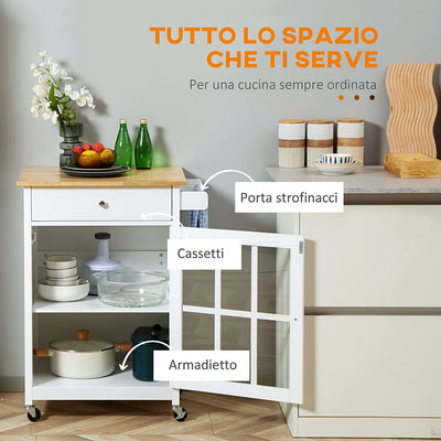 Carrello Da Cucina Multiuso Con Cassetto, Armadietto E 4 Ruote, in Legno Bianco, 67X48X86.5Cm