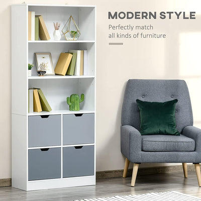 Mobile Libreria Con 4 Cassetti E 3 Ripiani Aperti per Casa E Ufficio, in MDF E Truciolato, 76X30X173Cm, Bianco E Grigio