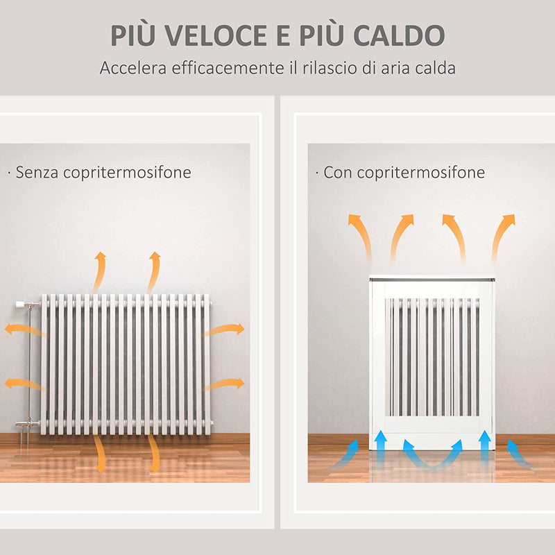 Copritermosifone a Doghe Moderno Ed Elegante per La Casa, in MDF E Acciaio, 60X18X84Cm, Bianco