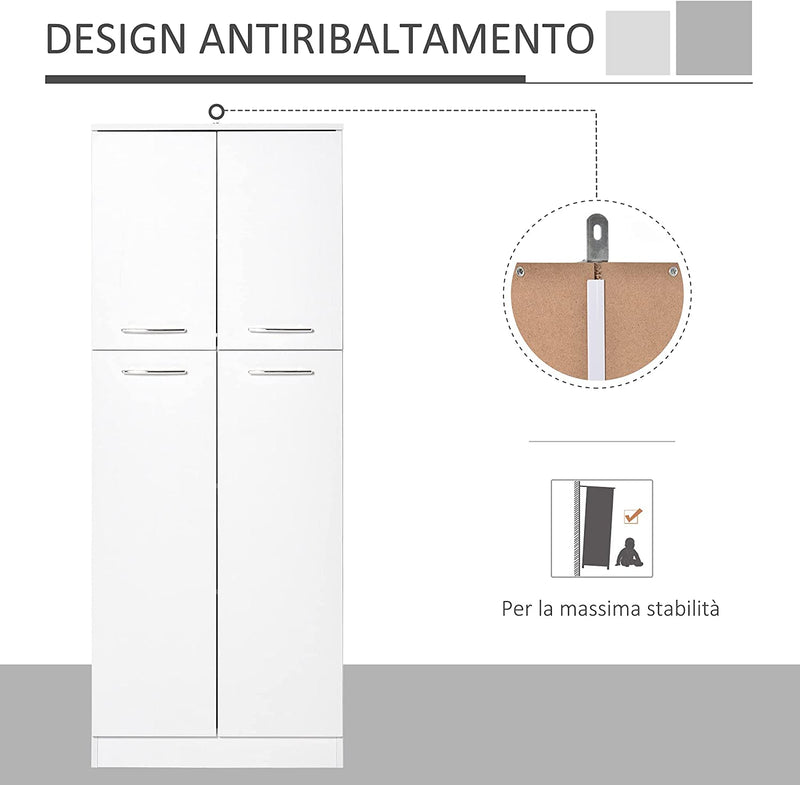 Mobile Dispensa Multiuso Con 2 Armadietti E Mensole Regolabili, Legno Truciolare, 59X31X155Cm, Bianco