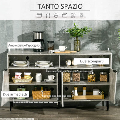 Credenza Moderna Con Armadietti a 2 Ante E Mensole Regolabili, Madia per Cucina E Salotto Effetto Marmo 147X40X83Cm, Grigio