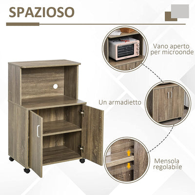 Mobile Cucina Multiuso Con 4 Ruote, Armadietto Con Ripiano per Microonde in Legno Truciolare, 60.4X40.3X97Cm, Color Legno