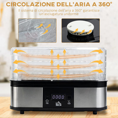 Essiccatore per Alimenti 245W a 5 Vassoi Con Monitor LCD, Timer E Controllo Temperatura, in Acciaio Inox, PS E ABS, 32X25X29Cm, Argento