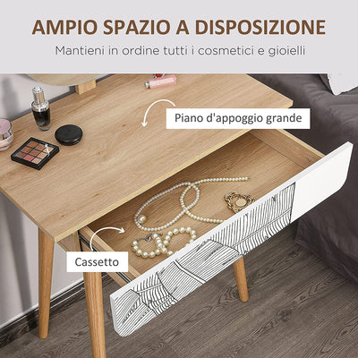 Tavolo Da Trucco Con Specchio Circolare Ф39Cm E Cassetto Con Decorazione Jungle, Bianco E Rovere, 70X39X119-128Cm