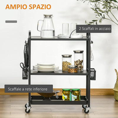 Carrello Portavivande a 3 Livelli Con Spazio Multiuso, Maniglie E 4 Ruote Girevoli, in Acciaio E Plastica PP, 70X33.4X80.5Cm, Nero