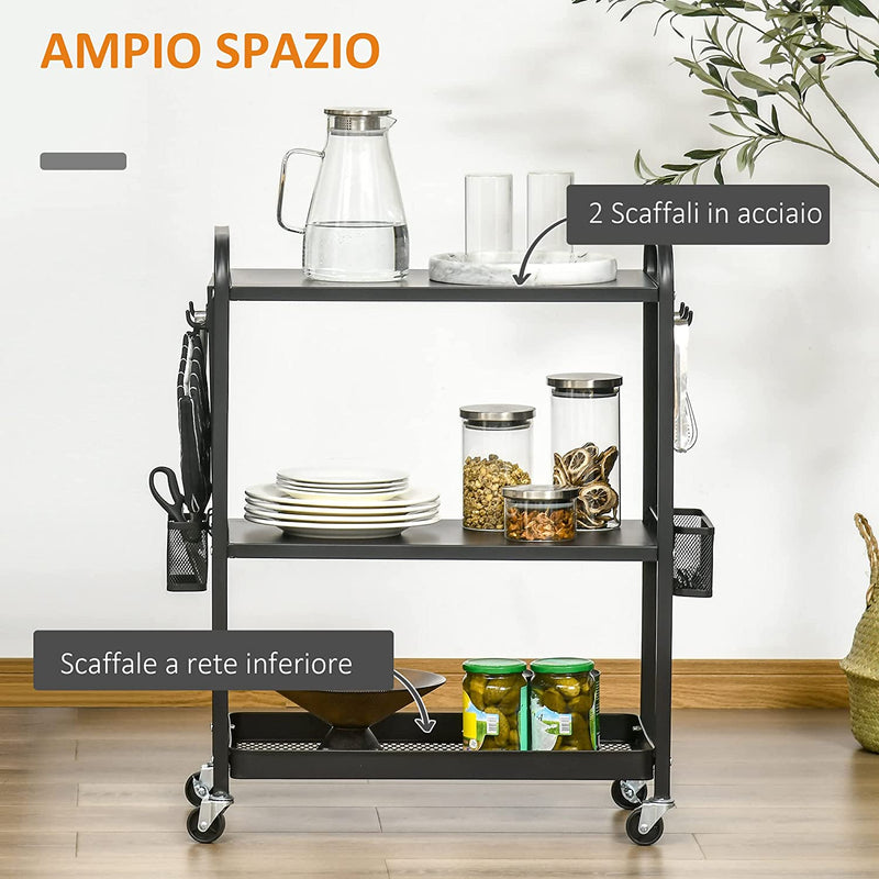 Carrello Portavivande a 3 Livelli Con Spazio Multiuso, Maniglie E 4 Ruote Girevoli, in Acciaio E Plastica PP, 70X33.4X80.5Cm, Nero