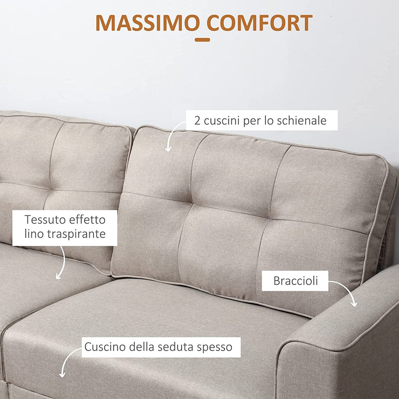 Divano 2 Posti Con Rivestimento in Tessuto Effetto Lino, Divano Moderno Imbottito Con Gambe in Legno E Braccioli Beige