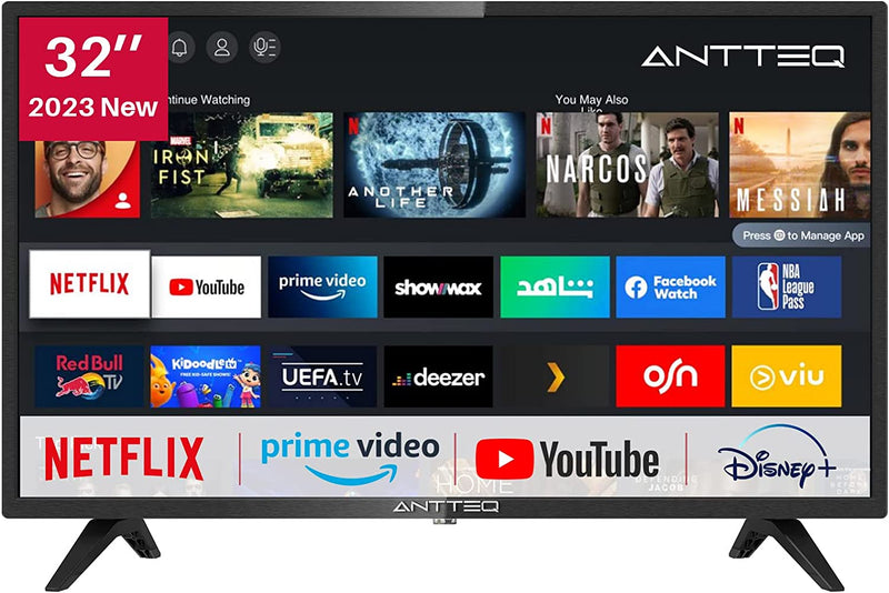 AV32 Smart TV 32 Pollici (80 Cm) Televisore Con Netflix, Prime Video, Rakuten TV, Disney+, Youtube, Wifi, Triplo Sintonizzatore DVB-T2/S2/C, Dolby Audio