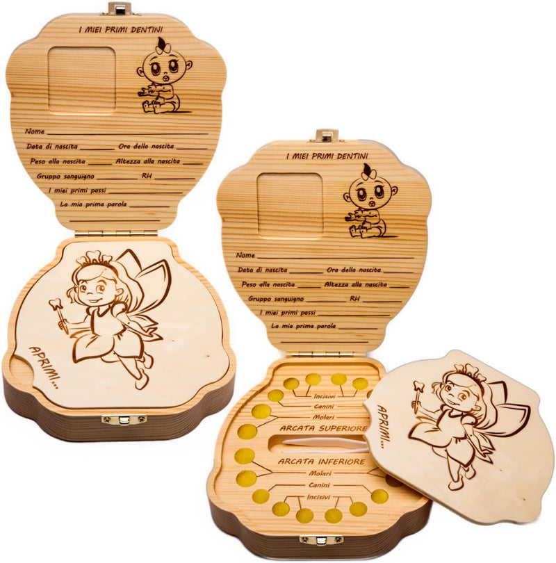 Scatola Porta Dentini Da Latte (Italiano) Bambina E Bambino - Scatolina Fatina Dei Denti - Cofanetto Di Legno Con Box Ricordi per Bambini - Scatole Regalo Battesimo- Scatoline Nascita Neonato