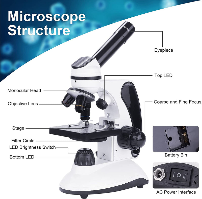 Microscopio Monoculare 40X-2000X per Studenti Adulti,Microscopio Professionale per Principianti Con Doppia Illuminazione a LED Con Kit,Lenti in Vetro Ottico,Custodia per Il Trasporto,15 Diapositive