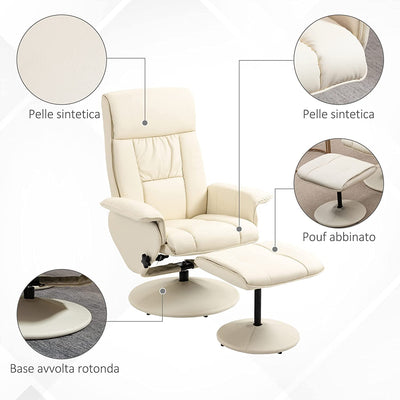 Poltrona Relax Reclinabile Fino 135° Con Seduta Girevole E Pouf Poggiapiedi Abbinato, 80X69X110Cm, Crema