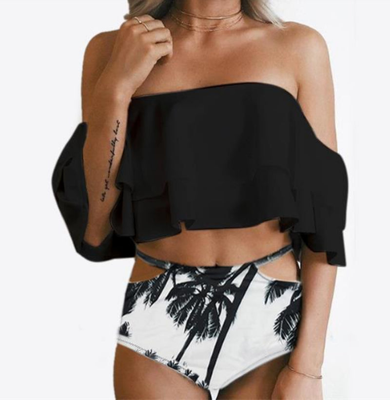 Cute Double Ruffled Swimwear Printed Shorts One-Shoulder Bikinii Sexy Swimsuit