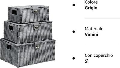 Set Di 3 Cesti in Vimini PP Con Coperchio, Contenitori Rettangolari Di Diverse Dimensioni, Grigio