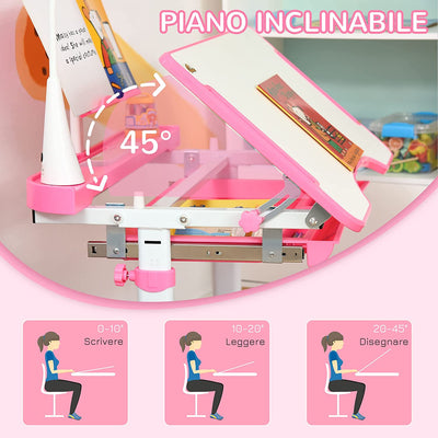 Banco Scuola Con Sedia per Bambini 6-12 Anni Altezza Regolabile, Piano Inclinabile a 45° E Lampada LED, Acciaio E MDF, Rosa