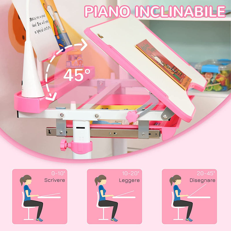 Banco Scuola Con Sedia per Bambini 6-12 Anni Altezza Regolabile, Piano Inclinabile a 45° E Lampada LED, Acciaio E MDF, Rosa