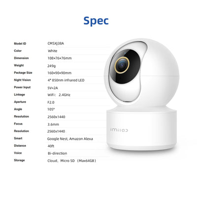 IMILAB C21 2.5K Surveillance Camera Vedio Wifi IP Smart Indoor Home Security Baby Monitor 360View Starlight Night Vision Cam