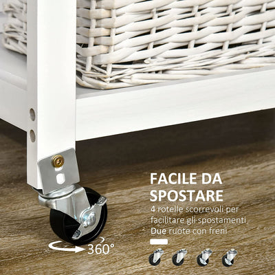 Carrello Da Cucina Con Cassetto E Cestini, Carrellino Porta Vivande Con Ruote Girevoli E Ripiano in Legno, 63X40X86Cm, Bianco